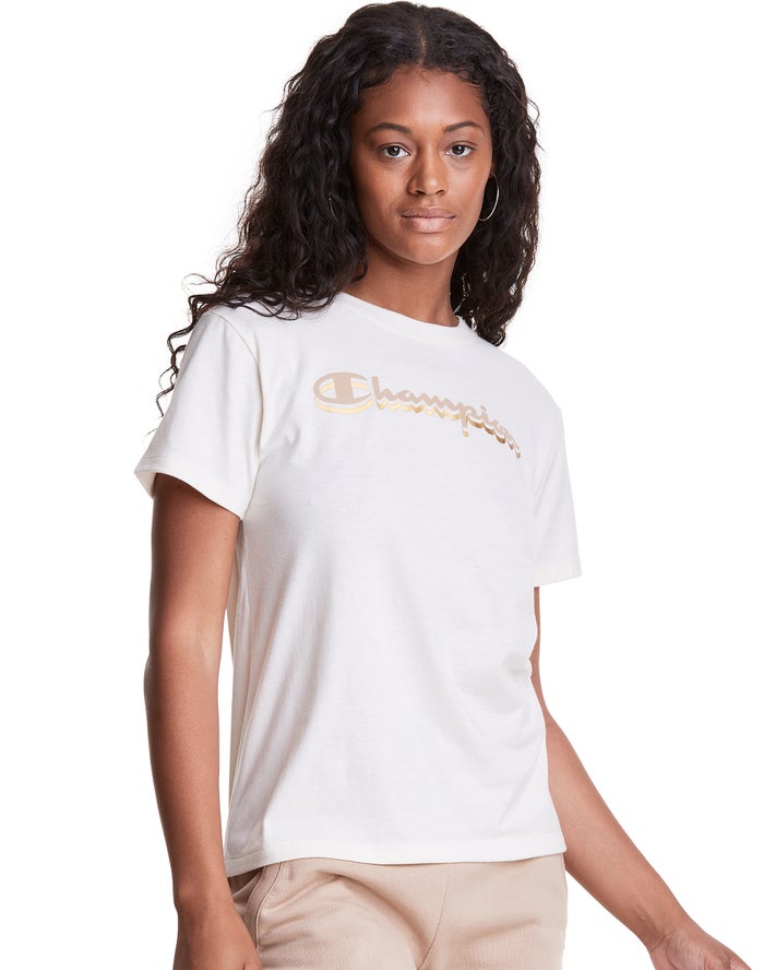 Champion T-Shirt Dames - Wit - Classic Drop Shadow Foil Script Logo ( 765431-ADG )